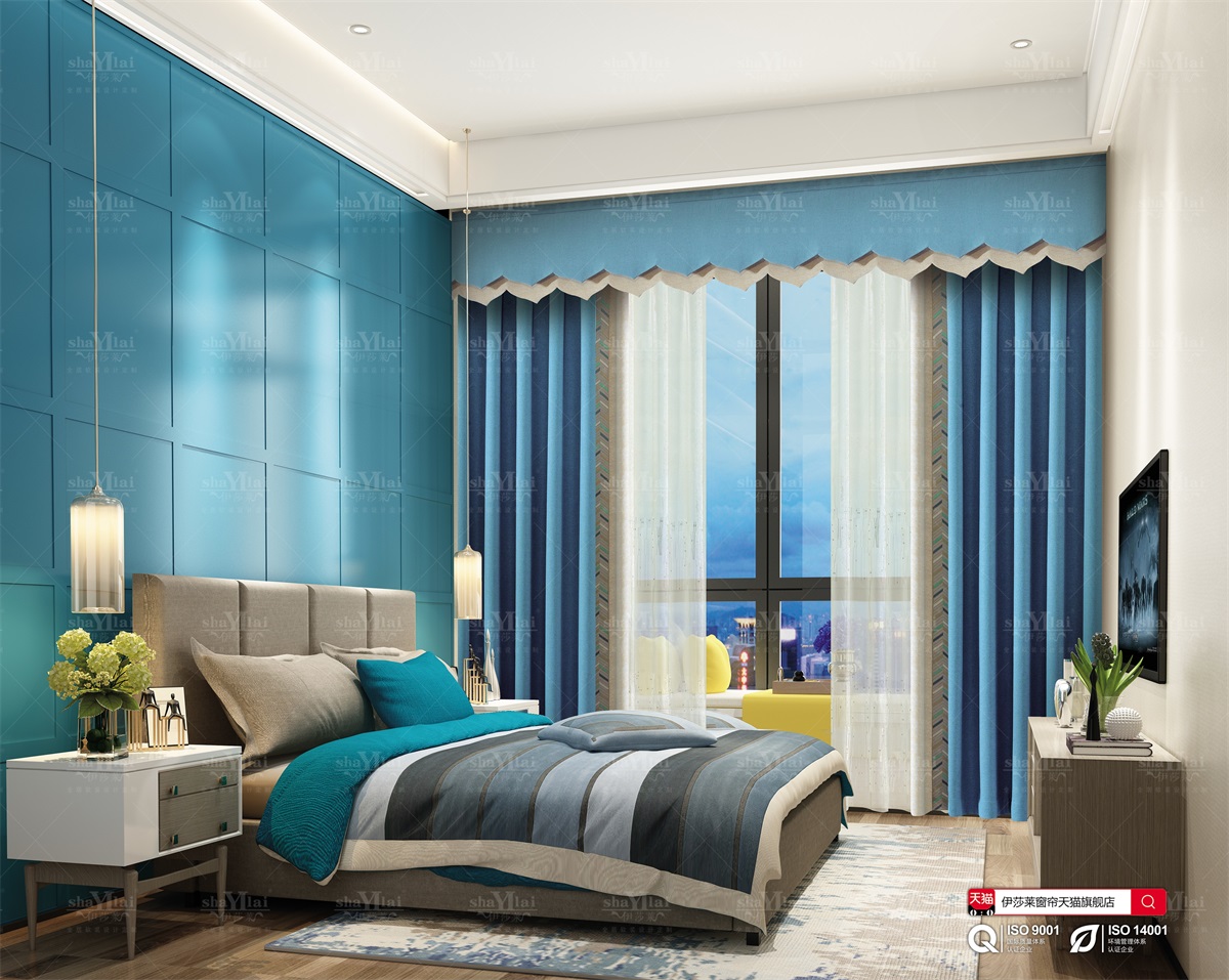 黄瓜成视频人APP-蓝色卧室窗帘遮光效果图